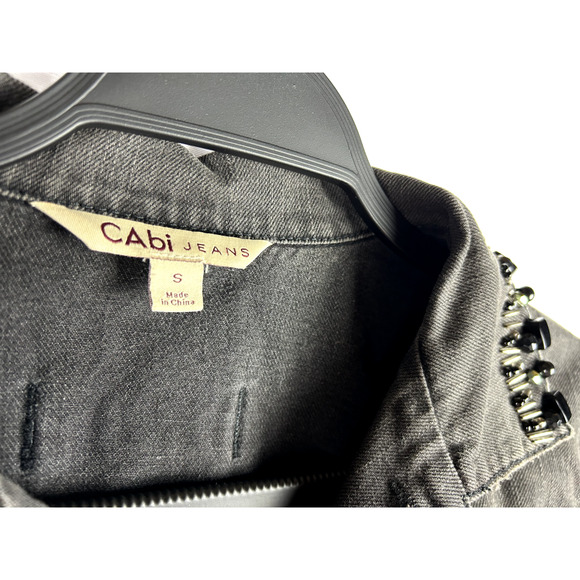 Vtg CAbi Distressed Denim Jacket Womens Sz Small Black Cropped Beaded Collar - Picture 3 of 5